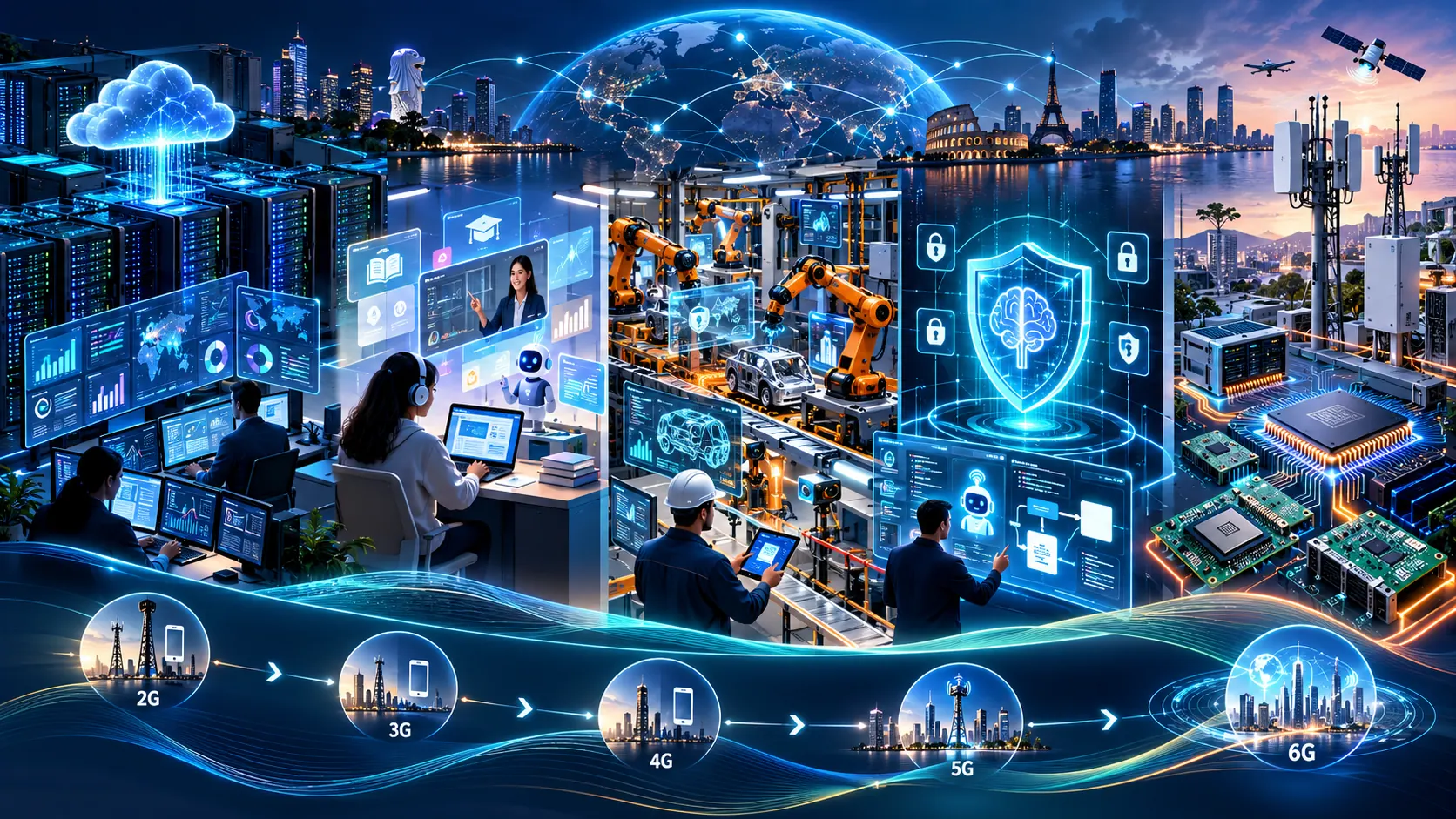 AI, education, smart manufacturing, cybersecurity and telecom engineering ecosystem illustration